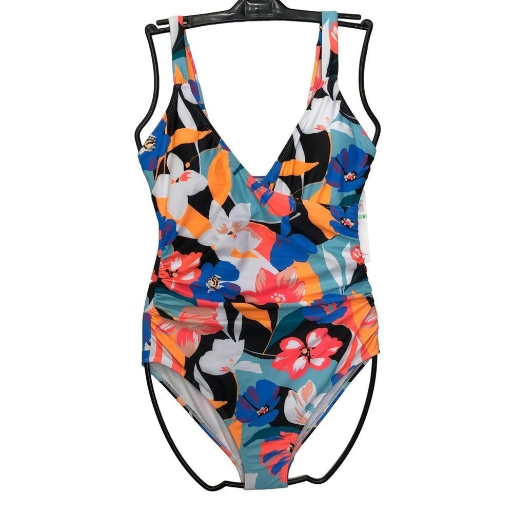 ANNE COLE $98 FRONT SHIRRED ONE PIECE‎ FLORAL SWIMSUIT 14 NWT